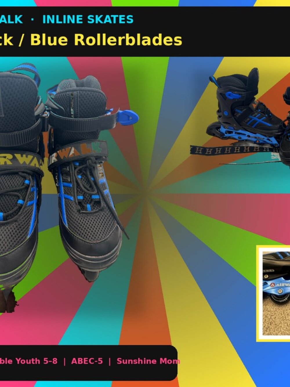 Airwalk Black Blue Adjustable Inline Skates Rollerblades Youth Sizes 5–8 ABEC-5